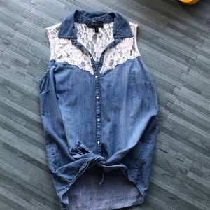 Denim button down with lace accent